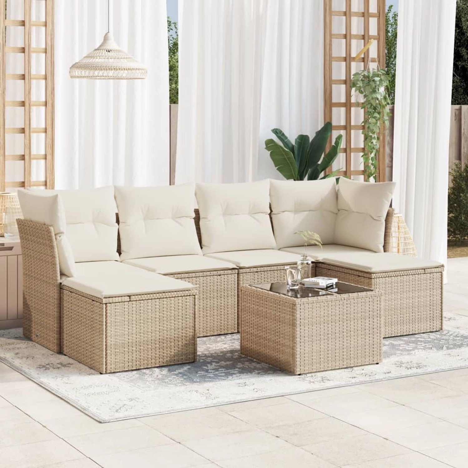 Beige 7-tlg. Garten-Sofagarnitur aus Rattan mit Kissen. Gartenmöbel für Terrasse und Garten.