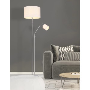 Globo Stehlampe Ava, 2-flammig, Nickel matt, mit Textilschirm und Leselampe.