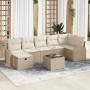 Beiges 8-teiliges vidaXL Garten-Sofa-Set aus Poly Rattan mit Kissen und Stauraum.