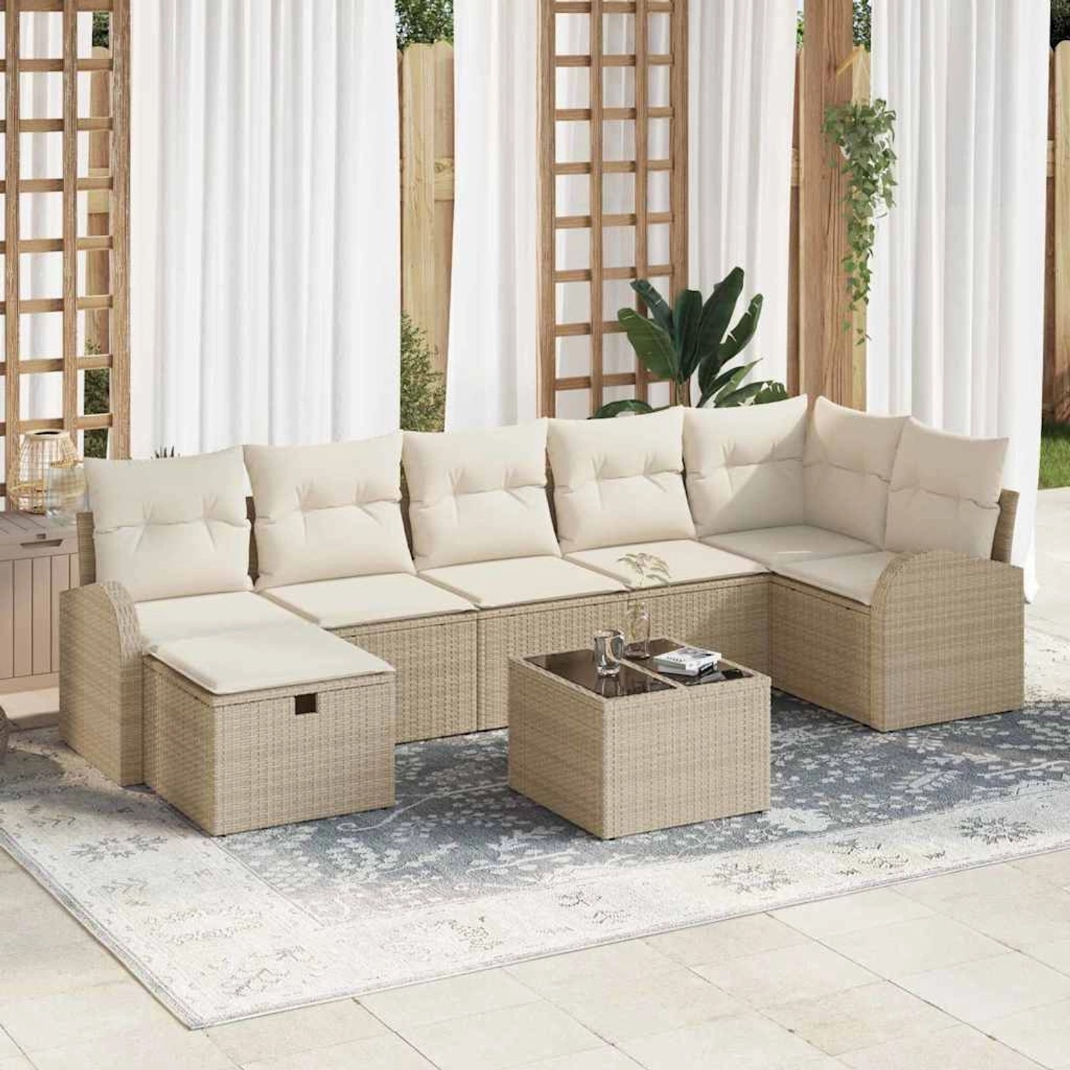 Beiges 8-teiliges vidaXL Garten-Sofa-Set aus Poly Rattan mit Kissen und Stauraum.