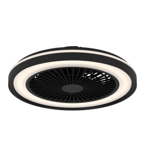 Schwarzer runder Eglo LED-Deckenventilator Sint Andre mit leuchtendem LED-Ring und verdeckten Lüfterflügeln.