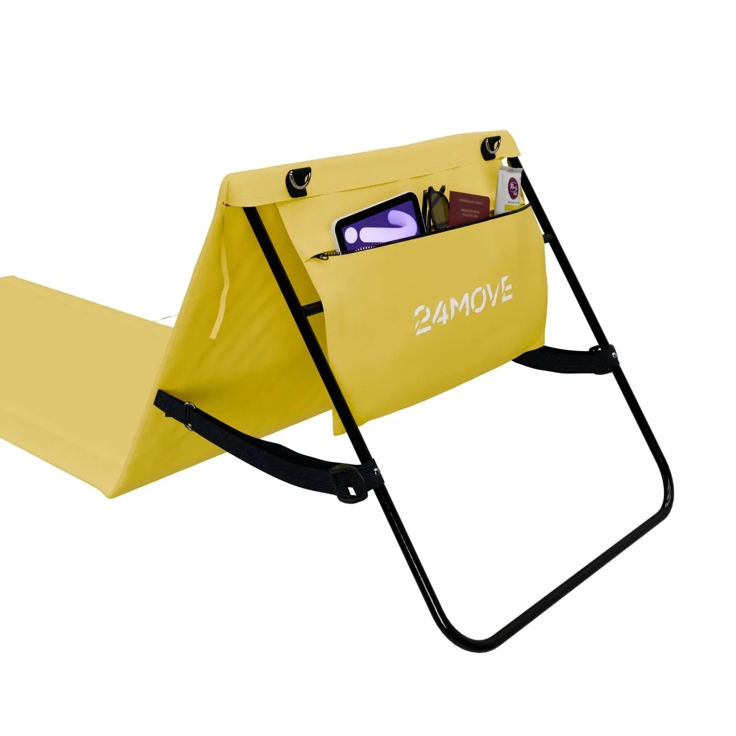 Gelbe 24MOVE Strandmatte, klappbar mit Rückenlehne, Tasche und Gurt. Ideal für den Strand.