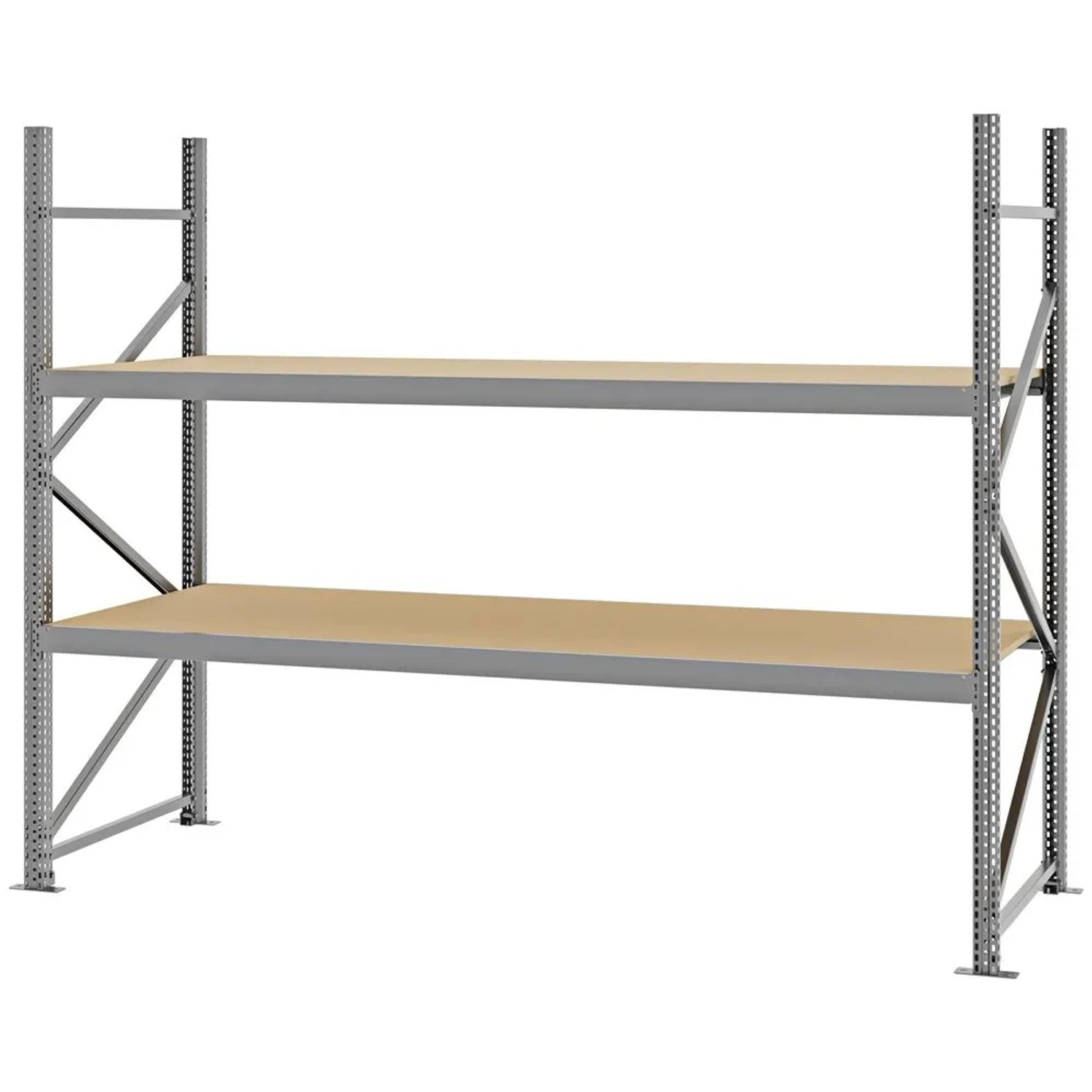 PROREGAL Weitspannregal Schraub-Stecksystem MAGNUS PRO Made In Germany Grundregal 200x250x80cm 2 Ebenen Spanplattenböden Fachlast 430kg Verzinkt