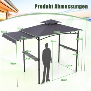 Dunkelgrauer Costway Grillpavillon mit Doppeldach, Seitenmarkise und Maßen. Zeigt Seitentische und Haken für Grillzubehör.