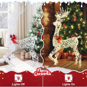 Großes 150 cm LED Rentier mit Geweih & roter Schleife, beleuchtet & unbeleuchtet, als Weihnachtsdeko für außen.