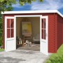 Schwedenrotes Lasita Gartenhaus Atlanta mit geöffneter Doppeltür und Malatelier-Einrichtung.