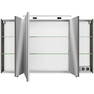 Pelipal Spiegelschrank Serie 4010 Graphit, 120 cm breit, mit offenen Türen und Glasböden.