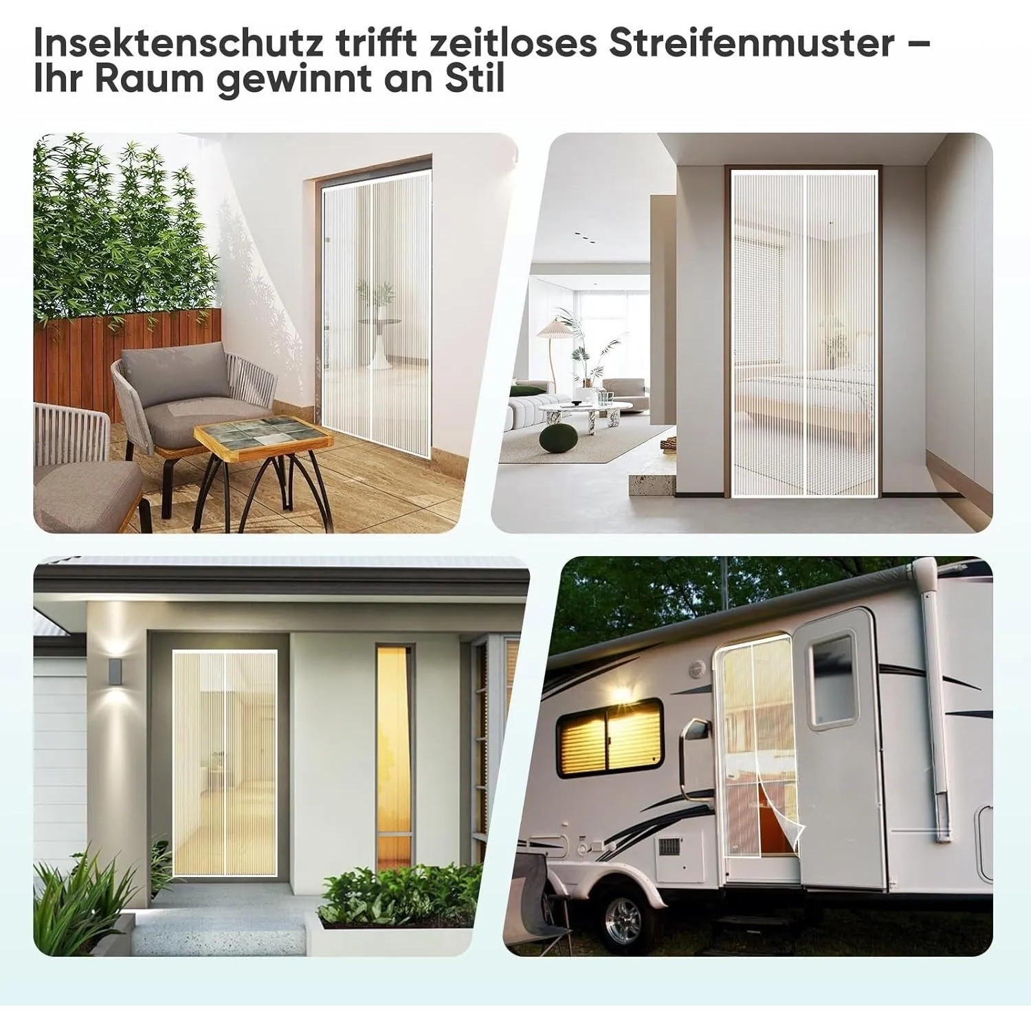 Weißer magnetischer Insektenschutz-Türvorhang 95x210cm mit Streifenmuster für Balkon, Haus & Wohnmobil, katzensicher, ohne Bohren.