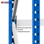 Detailaufnahme PROREGAL Weitspannregal Maximus Pro: Blaue Ständerrahmen mit Z-Profil und weißer Traverse.