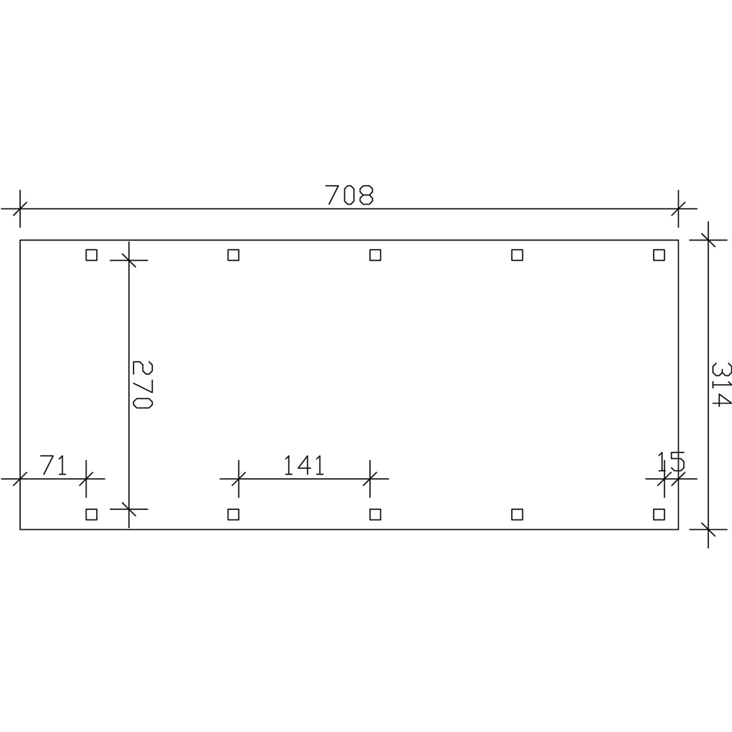 Skizze Skan Holz Einzelcarport Nussbaum, Maße 314x708cm, Pfostenanordnung.