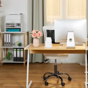 Weißer Relaxdays Druckerständer mit 3 Fächern auf einem Schreibtisch mit Büroartikeln.