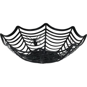 Schwarzer Halloween Korb in Spinnennetz-Optik aus PP-Material, 27,5x27,5x8cm.