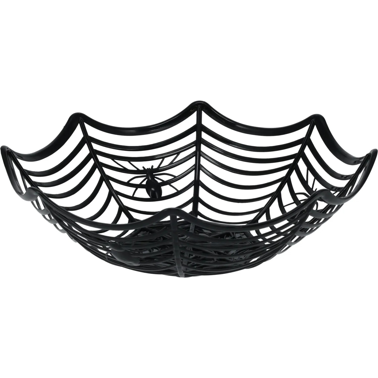 Schwarzer Halloween Korb in Spinnennetz-Optik aus PP-Material, 27,5x27,5x8cm.