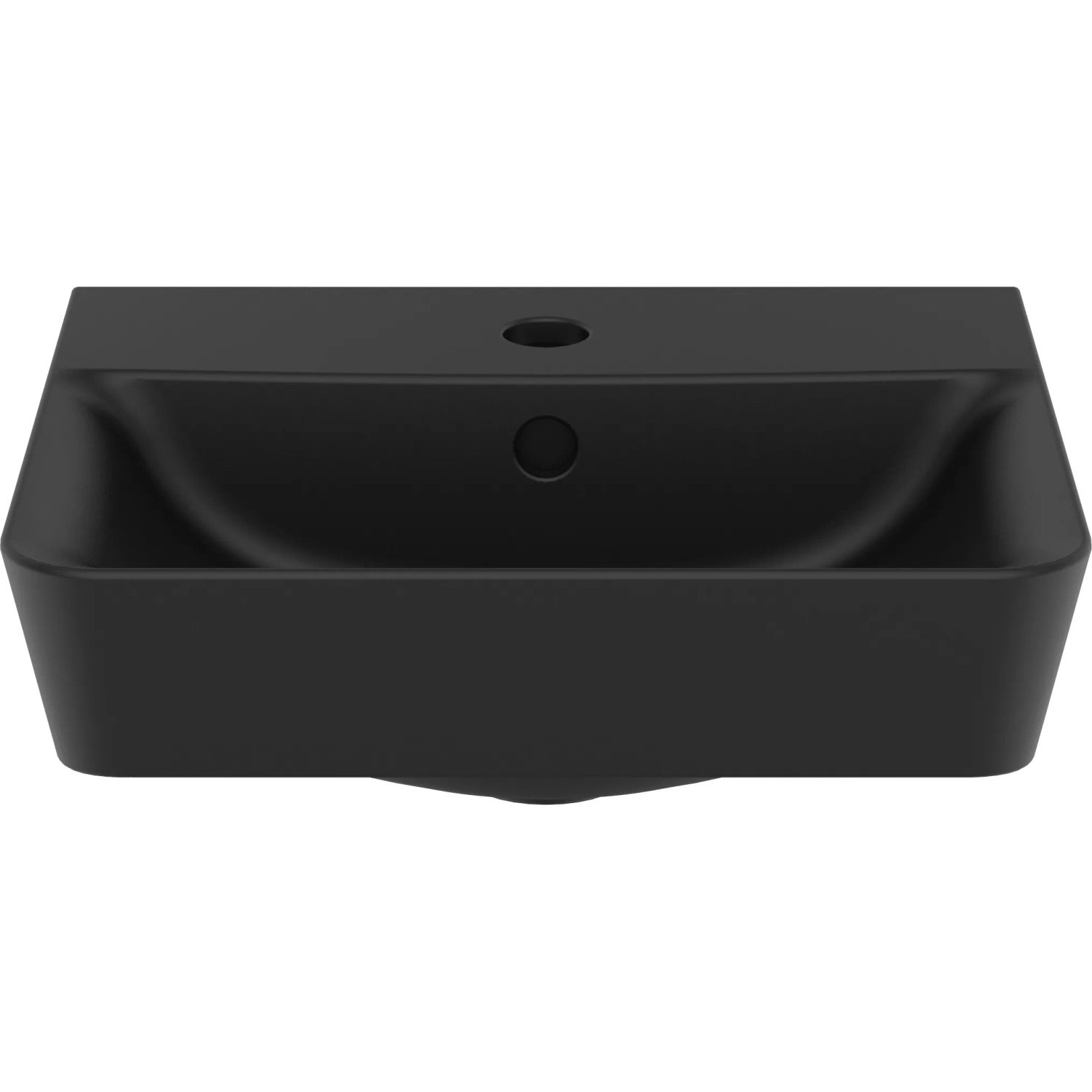 Schwarzes Ideal Standard Handwaschbecken Connect Air, 40 cm, mit Hahnloch und Überlauf.