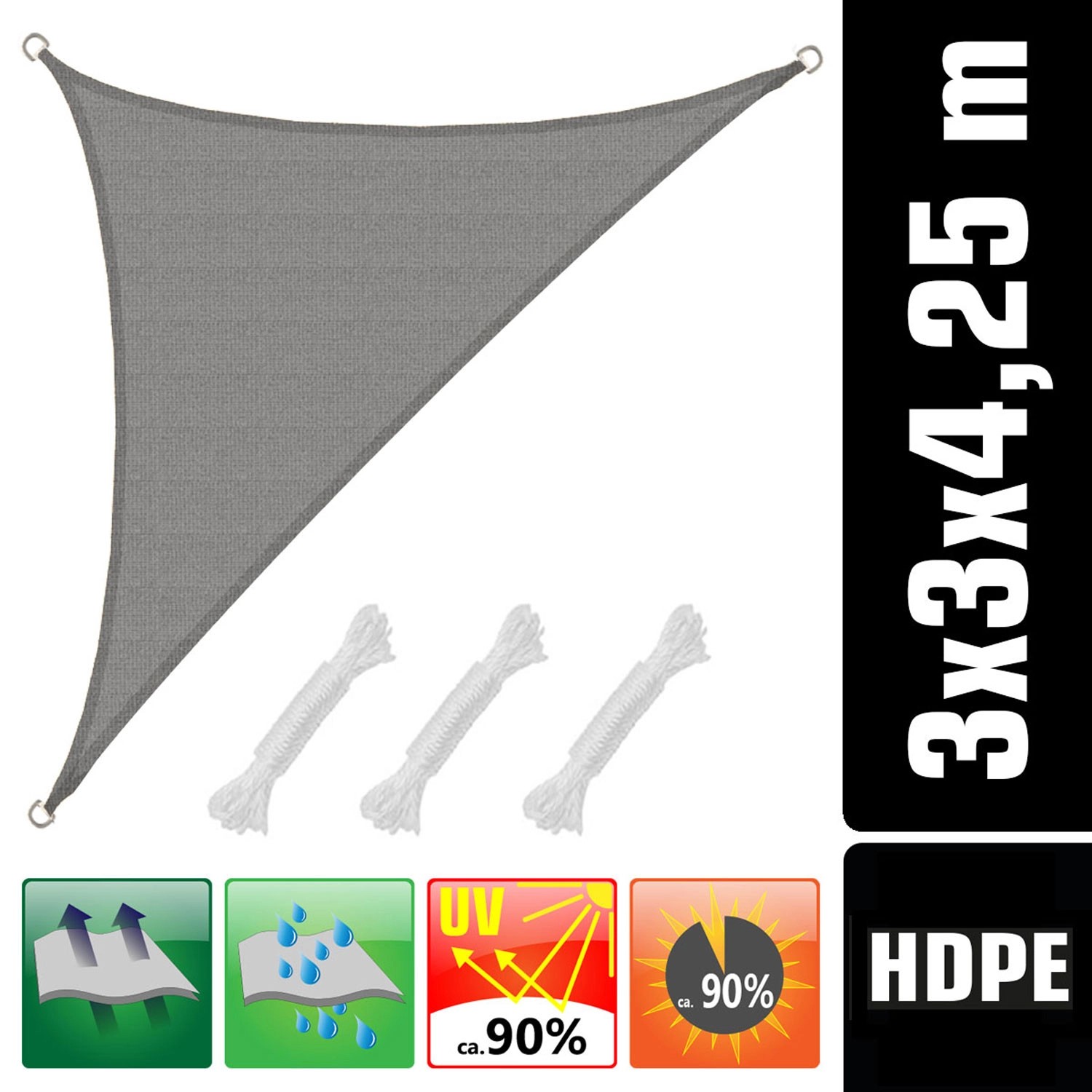 Rechtwinkliges, graues AMANKA Sonnensegel (3x3x4,2m) mit Seilen und UV-Schutz.