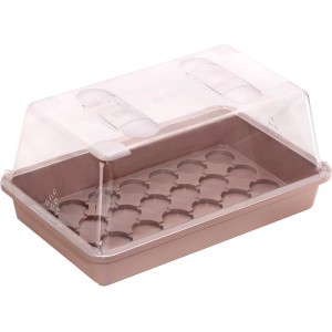 Universal Anzuchtschale in Taupe mit transparentem Deckel, 38x24x6 cm, für die Pflanzenanzucht.