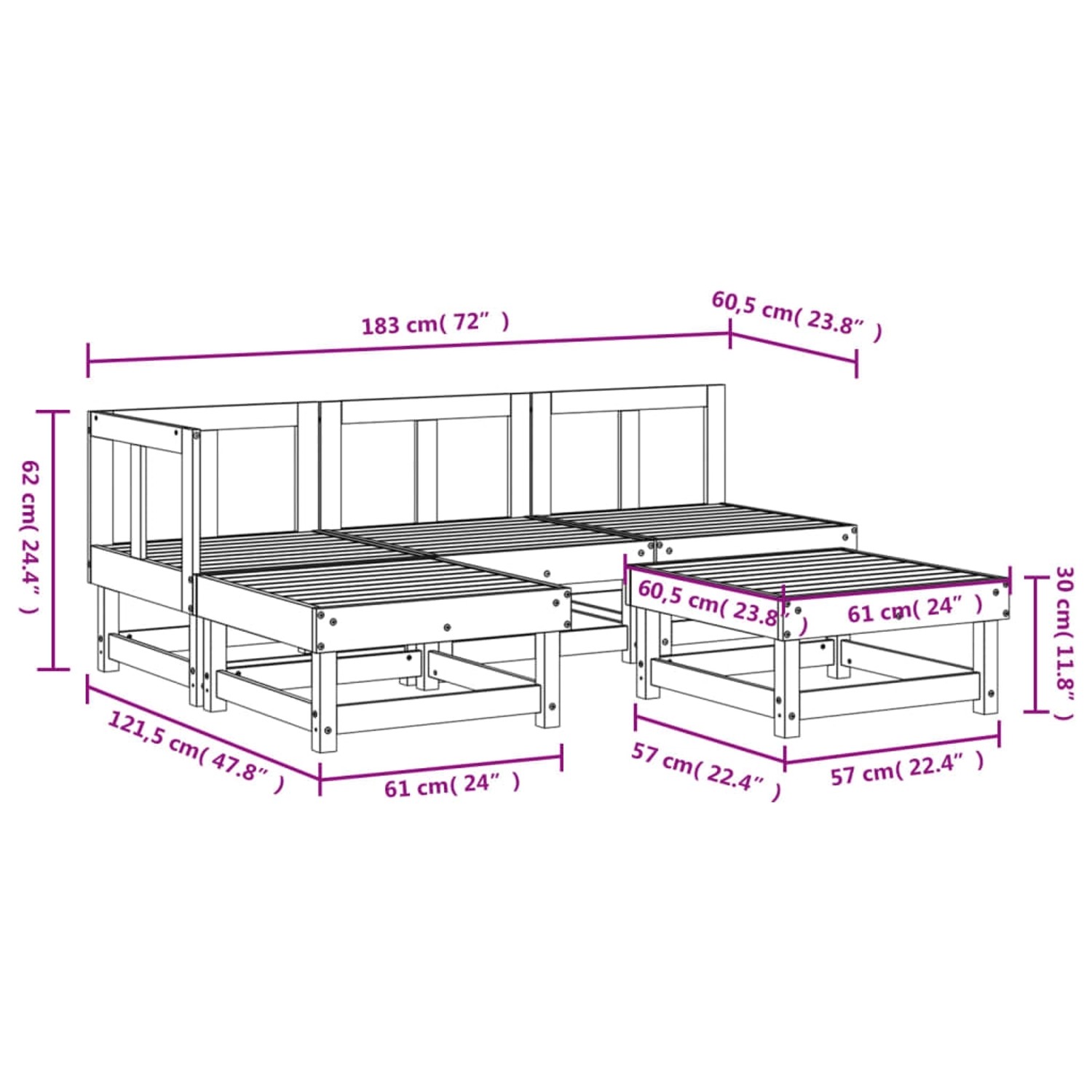 Graues 5-tlg. Garten-Lounge-Set aus Kiefernholz. Modulares Design mit Ecksofa, Mittelteilen und Hockern.