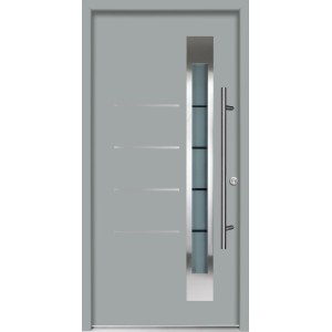Graue Splendoor Thermospace Haustür Berlin Prime mit Edelstahlapplikation und Glasausschnitt.