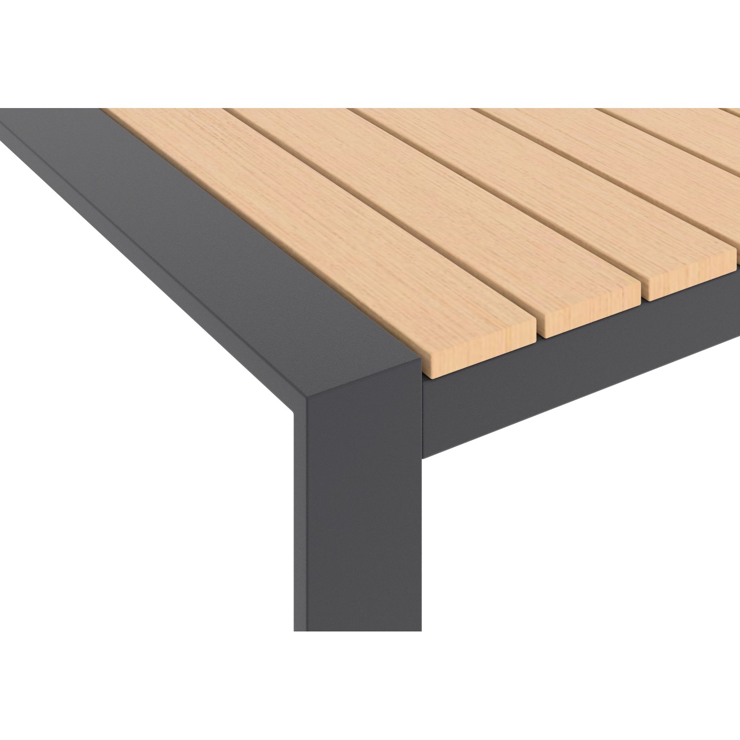 Detailansicht des Lounge-Tisches vom Lounge-Set Branford mit Holzlamellen und anthrazitfarbenem Gestell.