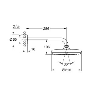 Technische Zeichnung: Grohe Tempesta 210 Kopfbrauseset mit Maßen und Details zum Brausearm in Chrom.