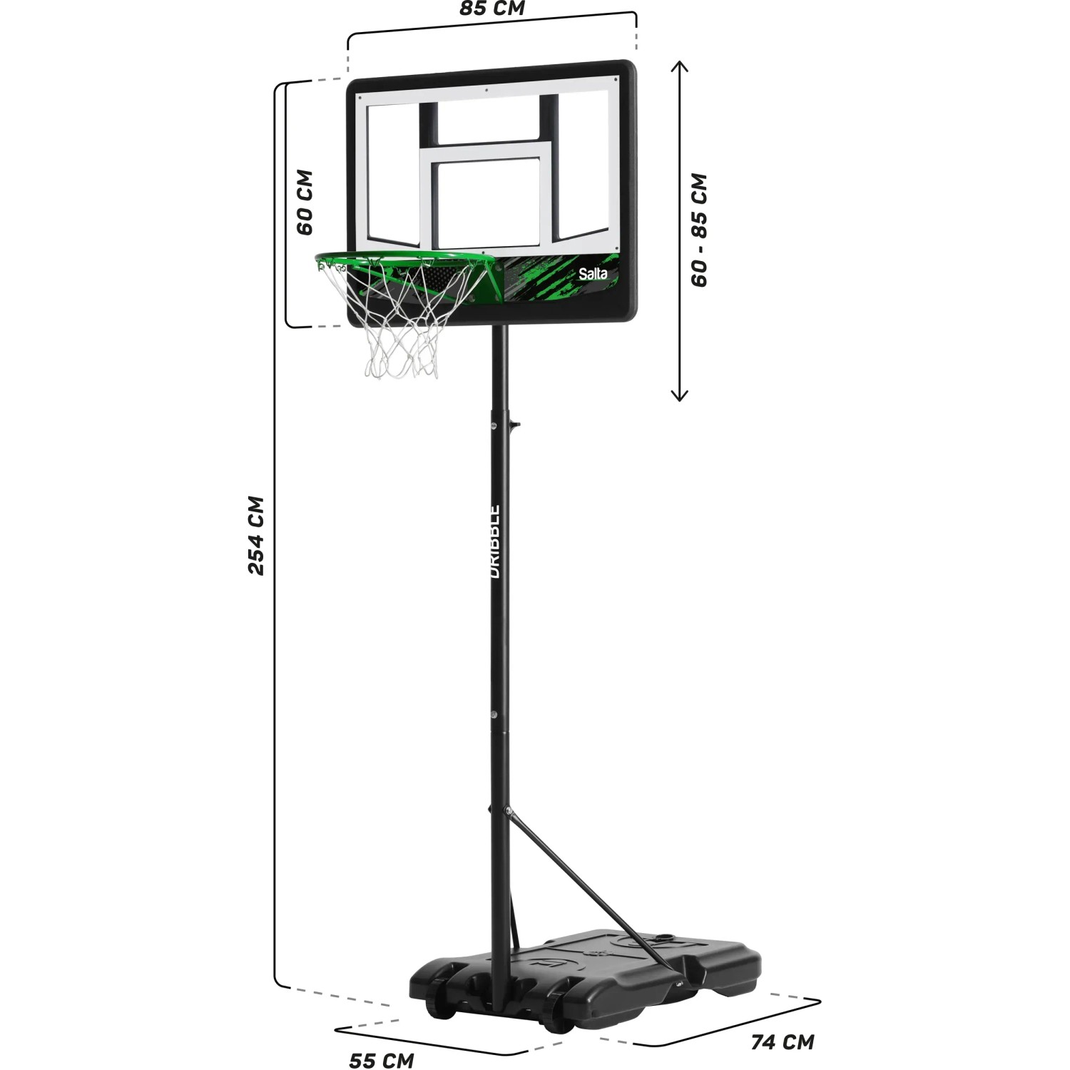 Salta Basketballständer "Dribble" mit verstellbarer Höhe und mobilem Standfuß.