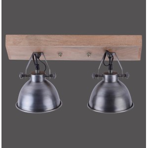 2-flammige Wand- und Deckenleuchte Samia im Vintage-Look mit Holz und silberfarbenem Eisen.