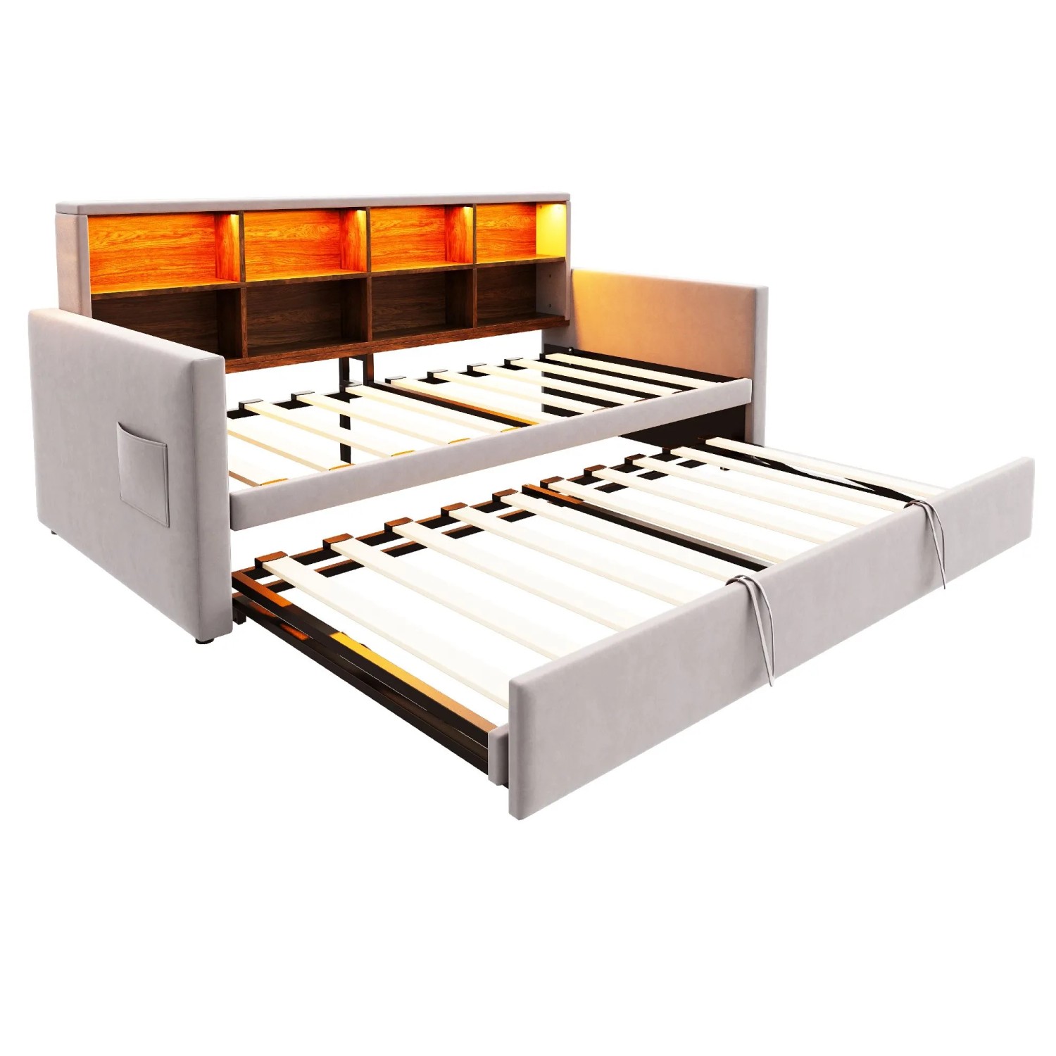Merax Schlafsofa 90x190cm LED Stauraum Samt Hellgrau