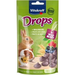 Vitakraft Drops Waldbeere, Nager-Snack ohne Zuckerzusatz im grünen Beutel mit Nager-Abbildung.