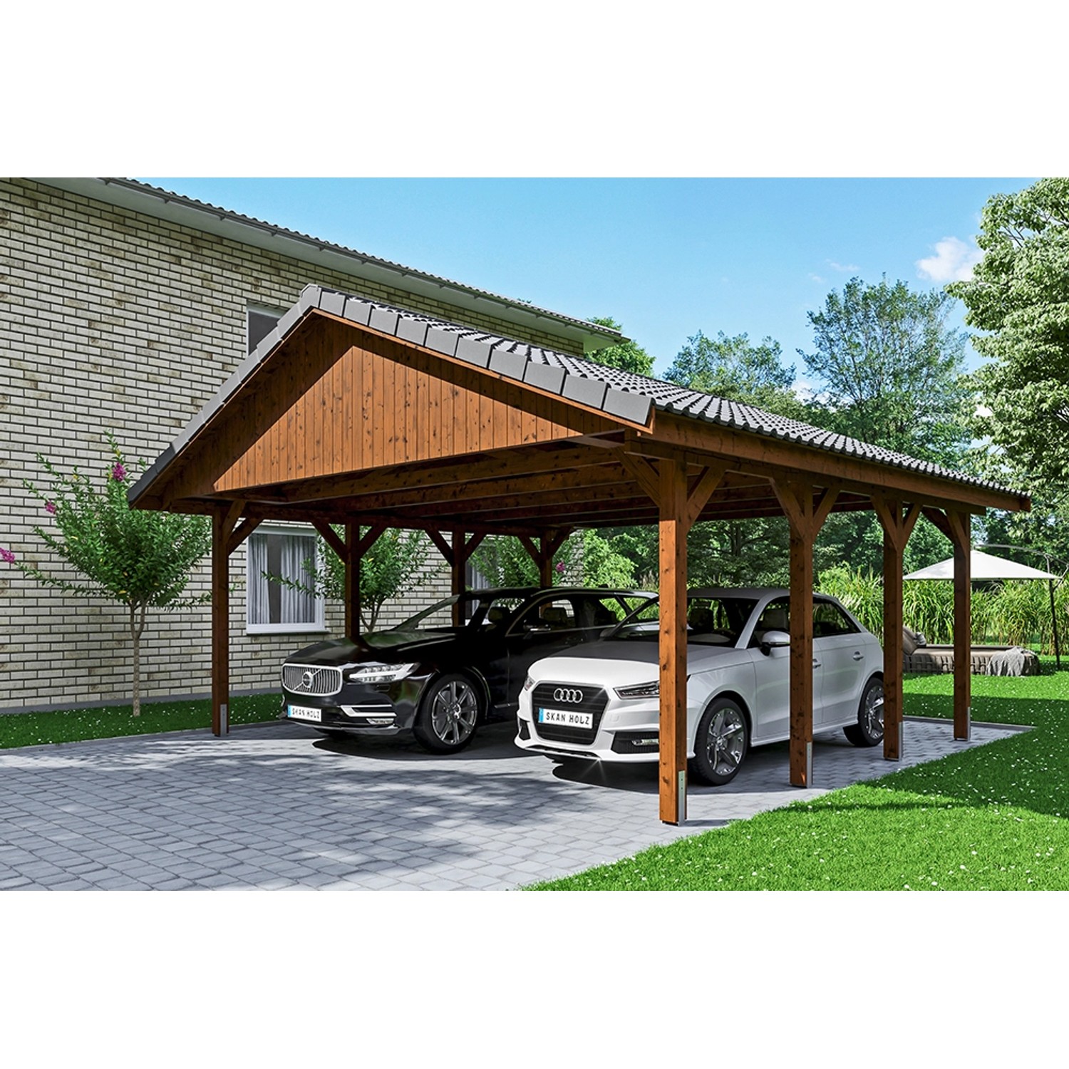 Satteldach-Carport Wallgau Nussbaum 620 x 600 cm Dachlattung