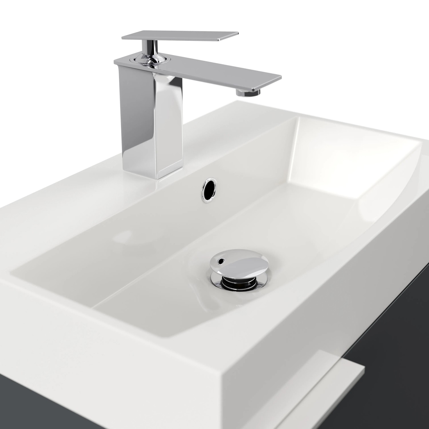 Posseik Cubi Slimline Badmöbel, 50 cm, Grafit, mit Waschbecken und Armatur.