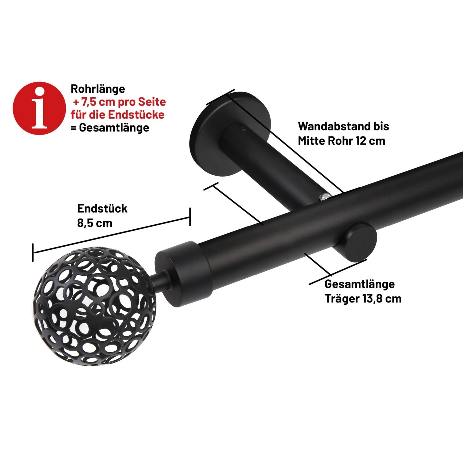Schwarze Deco-Raum Gardinenstange mit Kugel-Endstück, Detailaufnahme der Maße.