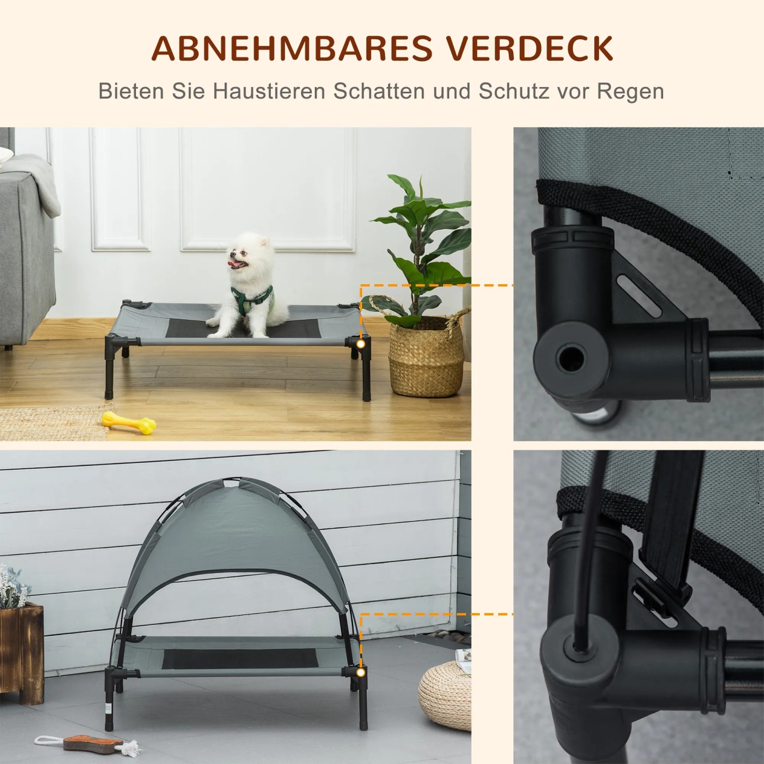 PawHut Hundebett mit Baldachin, atmungsaktiv, für Outdoor. Erhöhte Liegefläche mit Sonnenschutz.