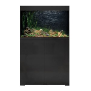 Schwarzes Oase Aquarium-Set StyleLine 175 mit Unterschrank, bepflanzt und dekoriert.
