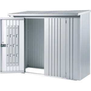 Offener, silberner WoodStock 230 Geräteschrank mit Türpaket und Ordnungssystem an der Innenseite.