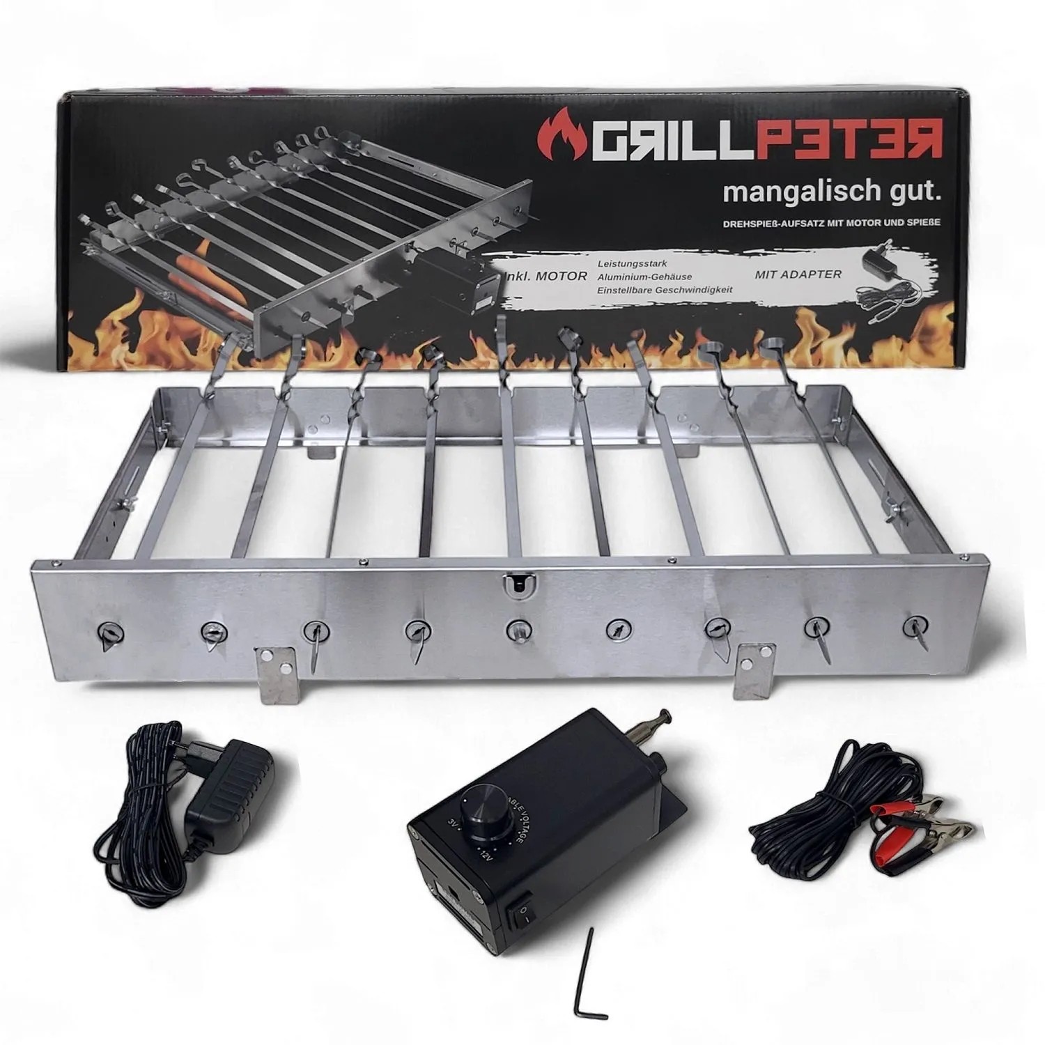 Grillpeter Mangal Astana Deluxe 9er Spießdreher 230V Alumotor BBQ Deckel Grillrost Ablage_9
