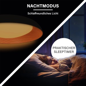 MegaLight Bowl 50 LED-Deckenleuchte im Nachtmodus: sanftes Licht für schlafendes Kind. Schwarz, Holzoptik, Sleeptimer.