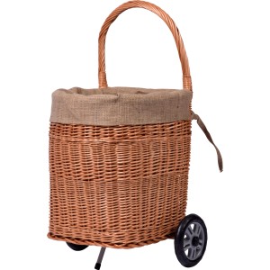 Kaminholzwagen aus Weide mit Rädern und Jute-Auskleidung für Kaminholz.