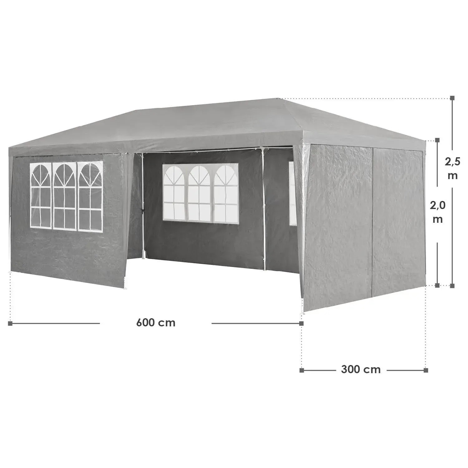 Dunkelgraues Juskys Partyzelt 3x6m mit Seitenwänden und Fenster, Maße eingeblendet.