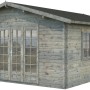 Graues Palmako Irene Holz-Gartenhaus mit Satteldach, 470x550 cm. Gartenhaus aus Holz.