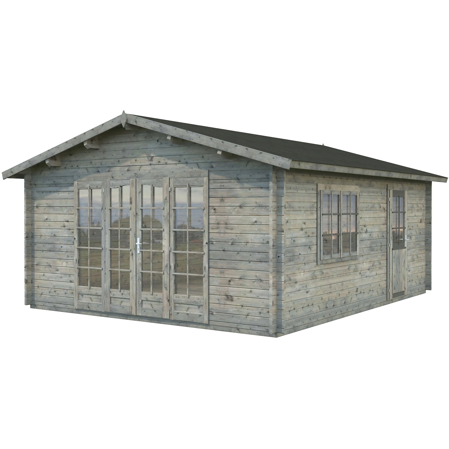 Graues Palmako Irene Holz-Gartenhaus mit Satteldach, 470x550 cm. Gartenhaus aus Holz.