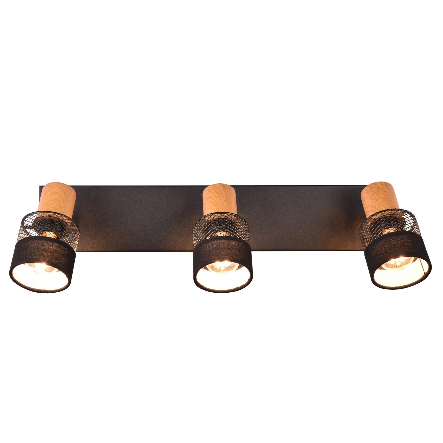 Schwarzer Trio Spot Nandini mit drei Leuchten, Holzdetails und Stoffschirmen für Wand- oder Deckenmontage.