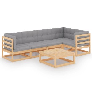 vidaXL Garten-Lounge-Set, 6-teilig, Kiefer massiv, mit grauen Kissen und Tisch.