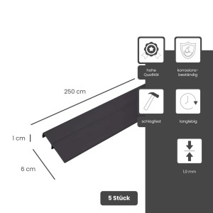 Anthrazitfarbenes Protektor Abdeckprofil, 5 Stück, 250cm, aus PVC für den Sockelbereich.