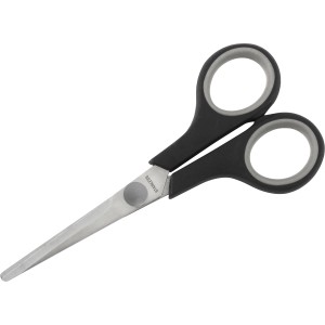 Bastelschere mit schwarzem Griff und Edelstahlklingen für präzises Schneiden.