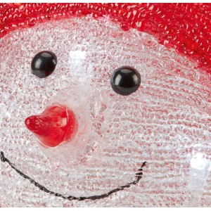 Detailaufnahme: Mehrfarbiger Acryl-Schneemann mit LED-Beleuchtung für weihnachtliche Außen-Dekoration.