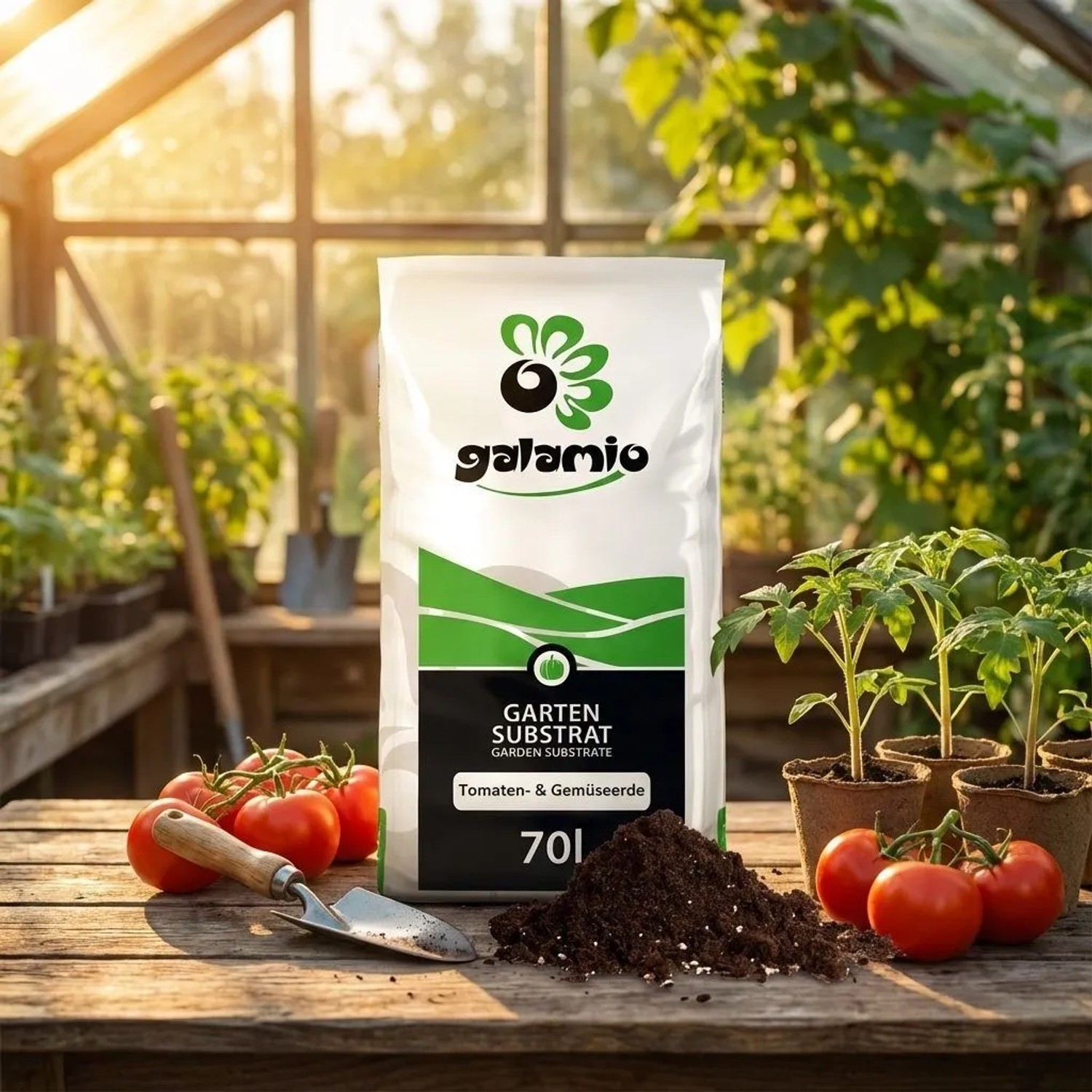 Galamio Tomaten- & Gemüseerde 70l Sack, mit lockerer Erde, reifen Tomaten, jungen Pflanzen und Schaufel im Gewächshaus.