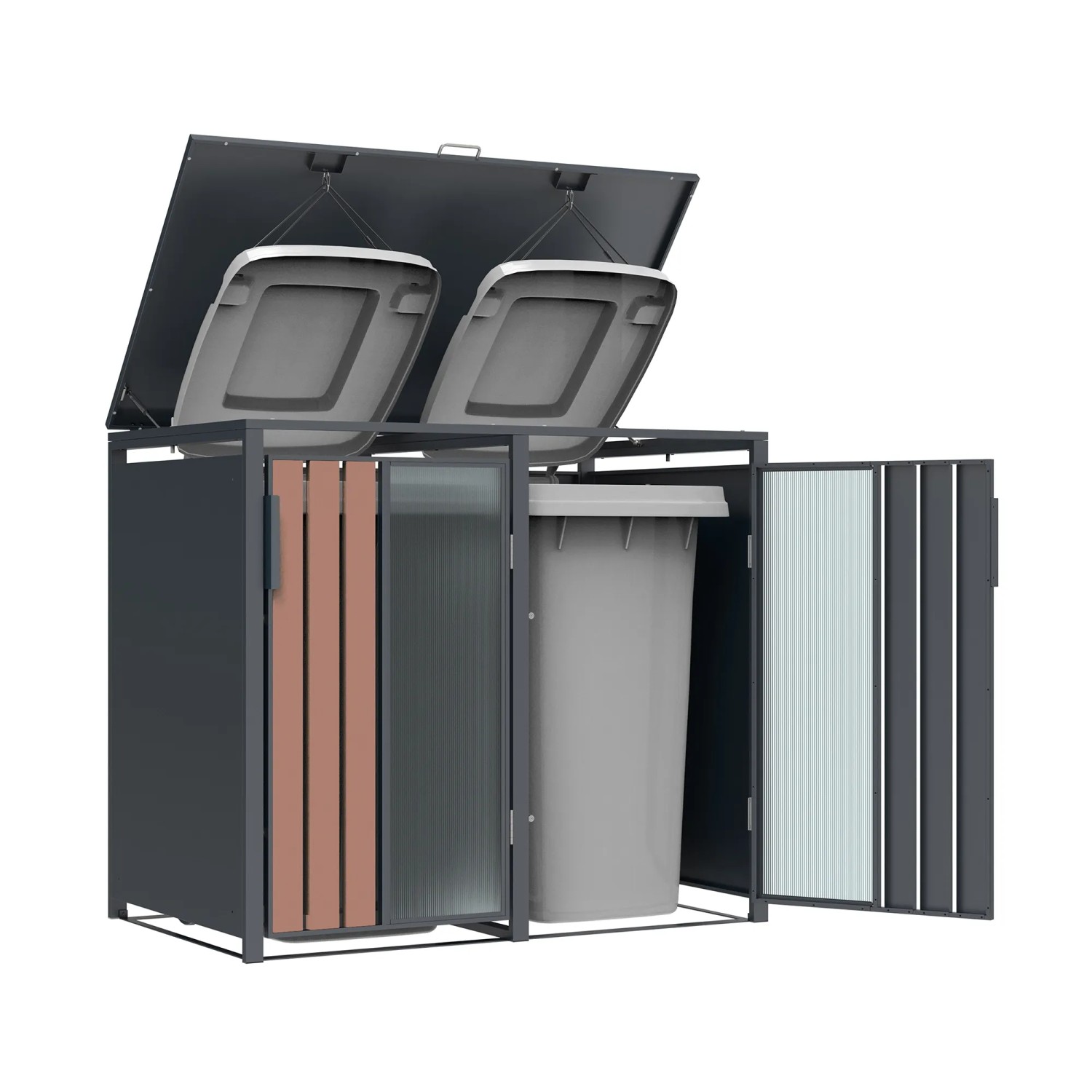 Westmann Mülltonnenbox Status 2, anthrazit mit Holzoptik, für zwei 240L Tonnen.