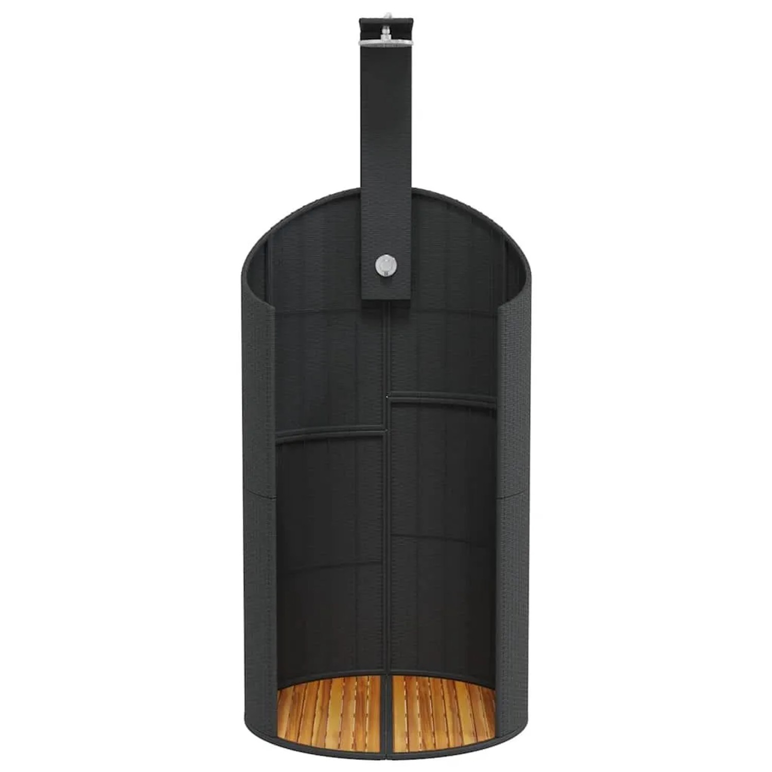 Schwarze vidaXL Gartendusche aus Rattan und Akazienholz, 100x100x241,5 cm.