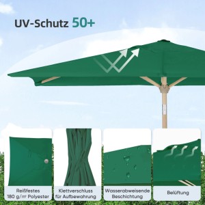 Rechteckiger, grüner Sekey Sonnenschirm mit Holzoptik und UV-Schutz 50+ für Garten, Balkon und Terrasse.