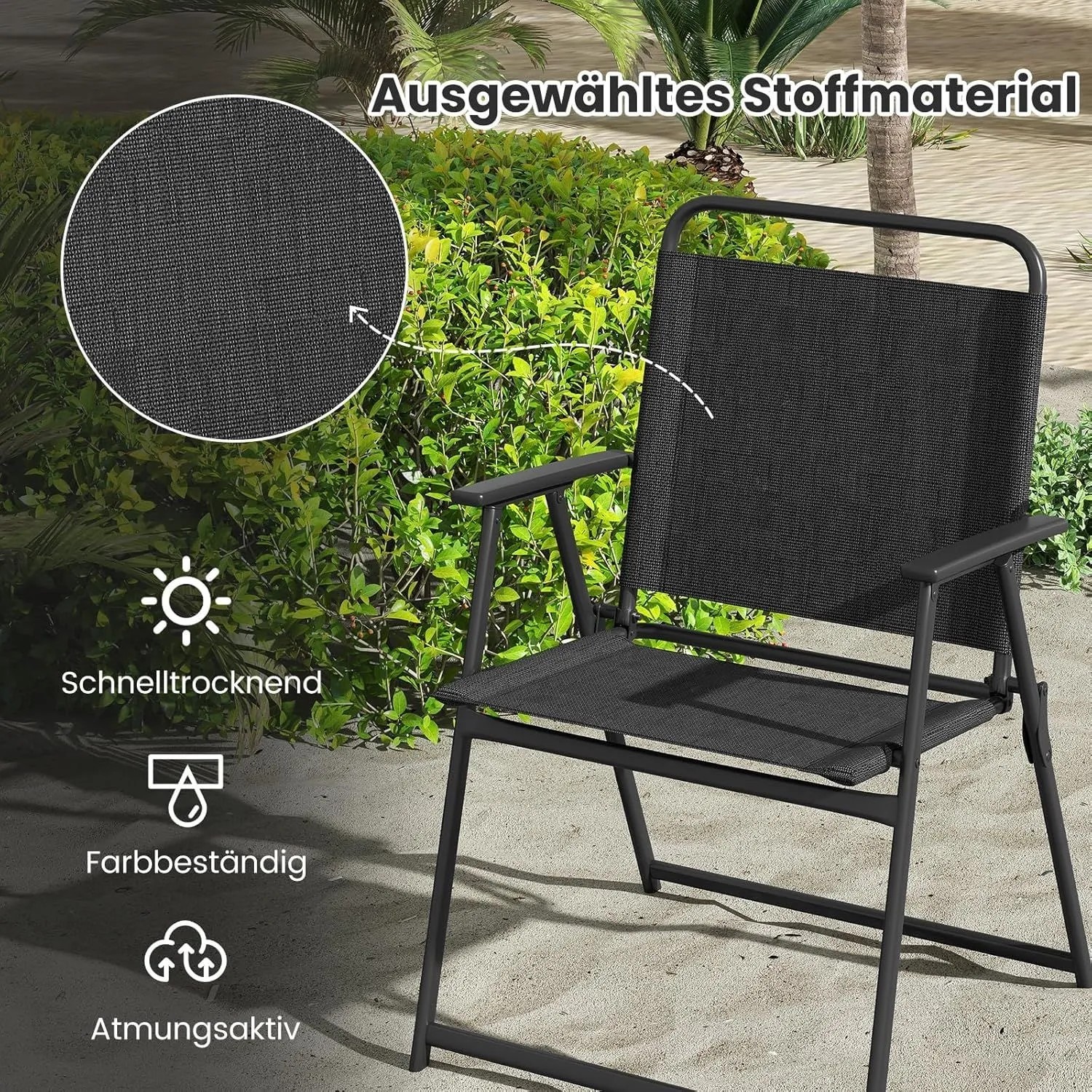 Costway 2er Set Gartenstühle, klappbar, mit Armlehnen, schwarz. Ideal für Garten, Terrasse und Balkon.